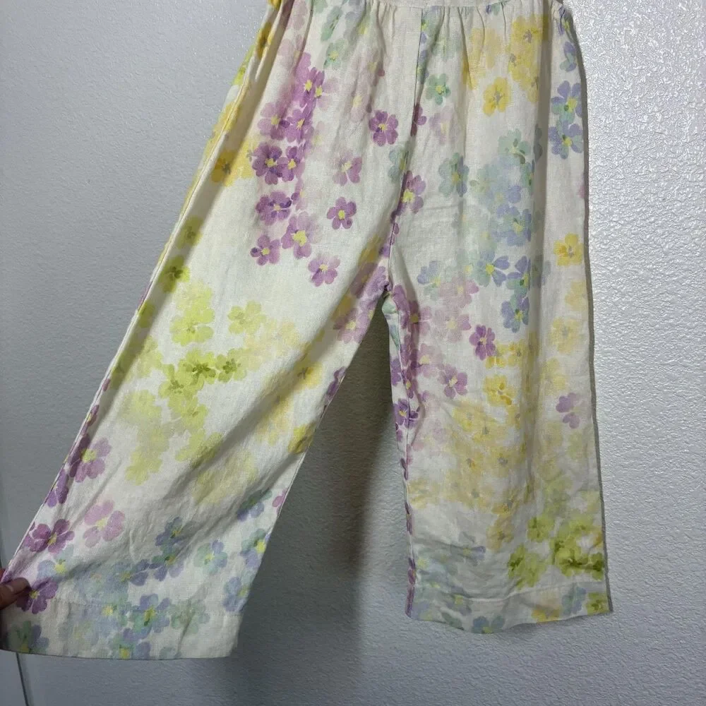 Zara Spain Jumpsuit Girls 5 Yellow Floral Linen Blend Tie Strap Summer One Piece